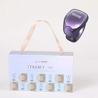 iTasbih Faith+ smart dhikr ring with purple charging case and Weslamic gift packaging